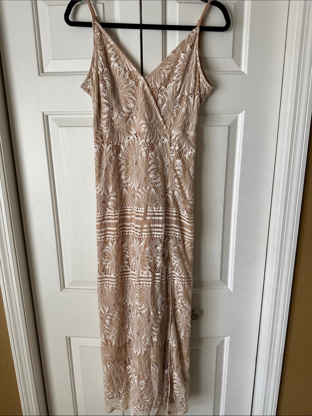 Floral Lace Beige Maxi Dress with V-Neckline